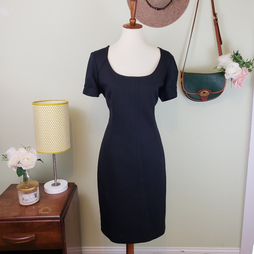 Tahari Scoop Neck Black Sheath Midi Dress